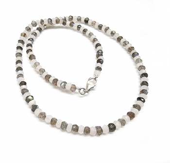 Labradorit / weier Labradorit Halskette Button facettiert ca. 4-5 mm / ca. 45 cm mit 925 Silberkarabiner