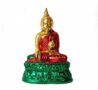 Buddha - Statue aus Resin mit bunter Folie �berzogen und Holzfurniersockel ca.15x10x7 cm - SONDERPOSTEN